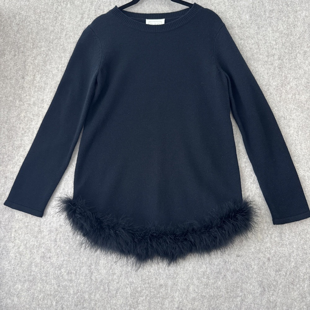Sail to Sable STS Wool Feather Trim Sweater Womens XS Black Tunic Glam Night Out